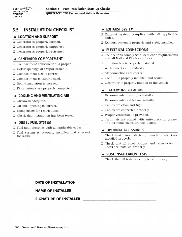 5 installation checklist, Generator compartivient, Cooling and ventilating mr | Diesel fuel system, Exhaust system, Electrical conneoions, Battery installation, Post installation tests, Date of installation name of installer, Signature of installer | Generac Power Systems 004270-1 User Manual | Page 38 / 68