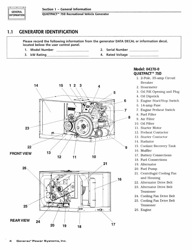 1 generator identification, Model: 04270-0 quietpact“ 75d | Generac Power Systems 004270-1 User Manual | Page 6 / 68