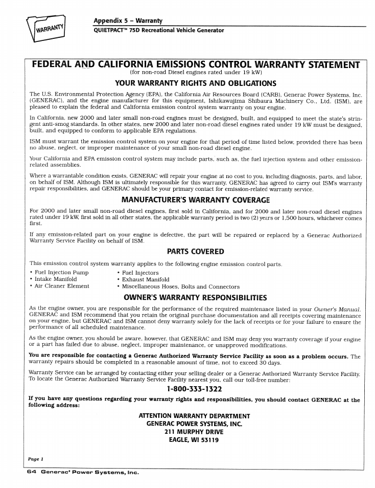 Your warranty rights and obligations, Ivianufaaurer's warranty coverage, Parts covered | Owner's warranty responsibilities | Generac Power Systems 004270-1 User Manual | Page 66 / 68