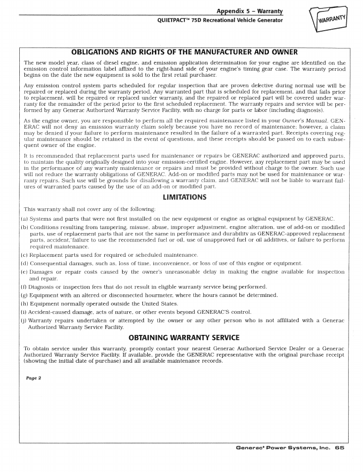 Obtaining warranty service | Generac Power Systems 004270-1 User Manual | Page 67 / 68