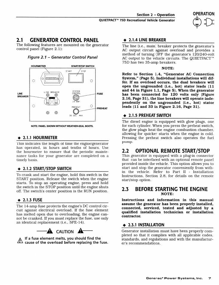 1 generator control panel, 4 line breaker, 4 2.1.1 hourmeter | 2 start/stop switch, 3 fuse, 2 optional remote start/stop, 3 before starting the engine, Generator control panel 2.1.1, Hourmeter, Fuse | Generac Power Systems 004270-1 User Manual | Page 9 / 68