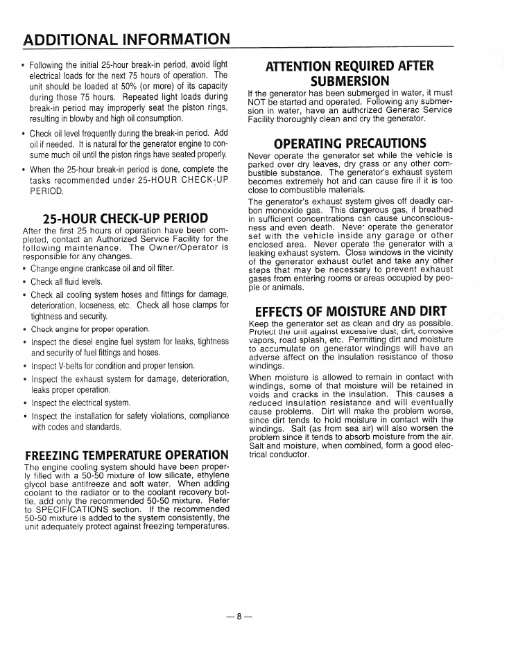 Additional information, Hour check-up period, Freezing temperature operation | Attention required after submersion, Operating precautions, Effects of moisture and dirt | Generac Power Systems 9344-2 User Manual | Page 10 / 40