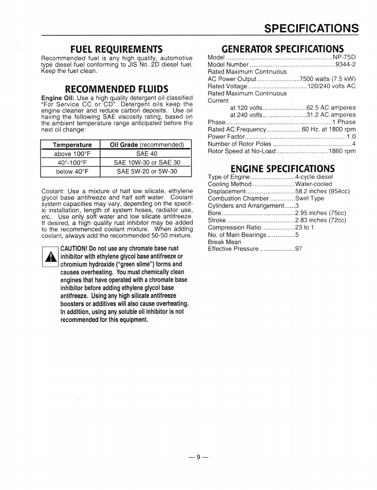 Specifications, Fuel requirements, Recommended fluids | Generator specifications, Engine specifications | Generac Power Systems 9344-2 User Manual | Page 11 / 40