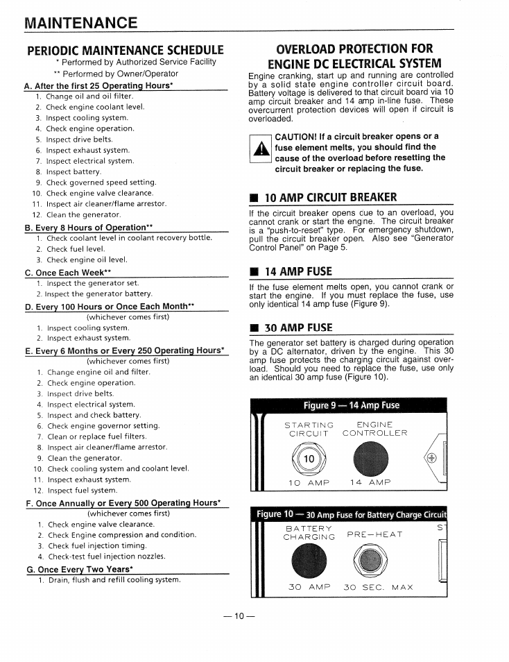 Maintenance, Periodic maintenance schedule, Overload protection for engine dc elec. system | Generac Power Systems 9344-2 User Manual | Page 12 / 40