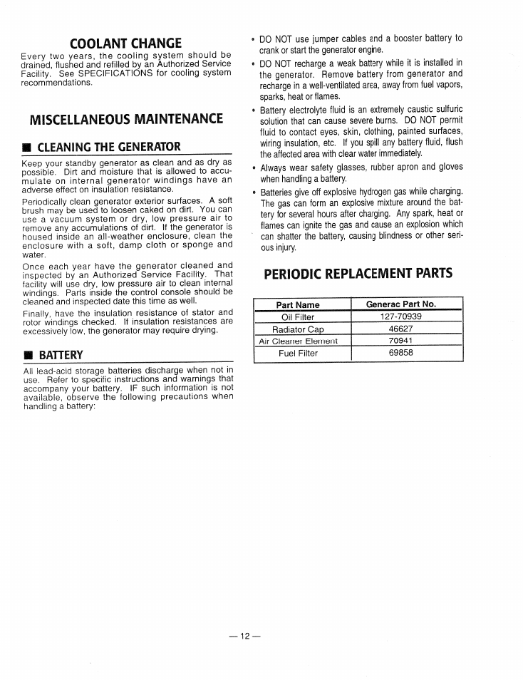 Coolant change, Miscellaneous maintenance, Cleaning the generator | Periodic replacement parts, Bahery | Generac Power Systems 9344-2 User Manual | Page 14 / 40