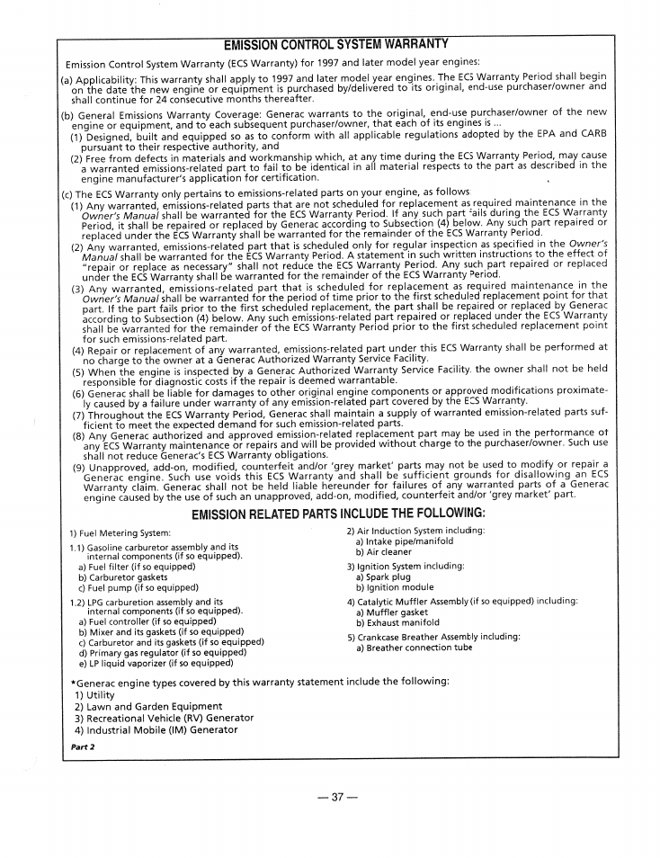 Emission control system warranty, Emission related parts include the following | Generac Power Systems 9344-2 User Manual | Page 39 / 40