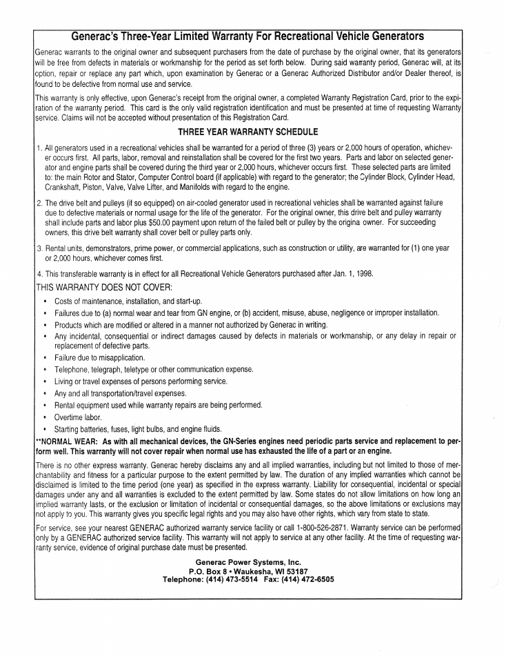 Three year warranty schedule | Generac Power Systems 9344-2 User Manual | Page 40 / 40