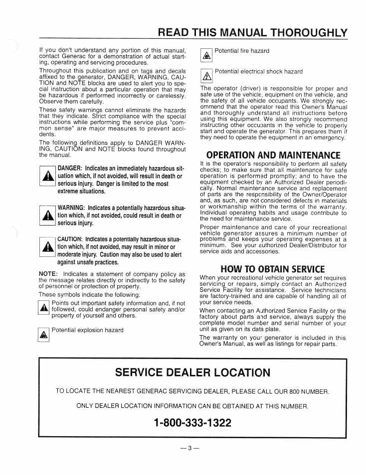 Read this manual thoroughly, Operation and maintenance, How to obtain service | Service dealer location | Generac Power Systems 9344-2 User Manual | Page 5 / 40