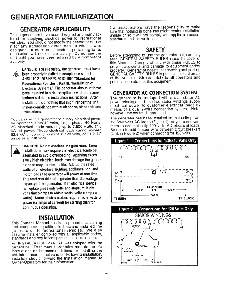 Generator familiarization, Generator applicability, Installation | Safety, Generator ac connection system, Prmt73 3fwrnp, Kttf | Generac Power Systems 9344-2 User Manual | Page 6 / 40