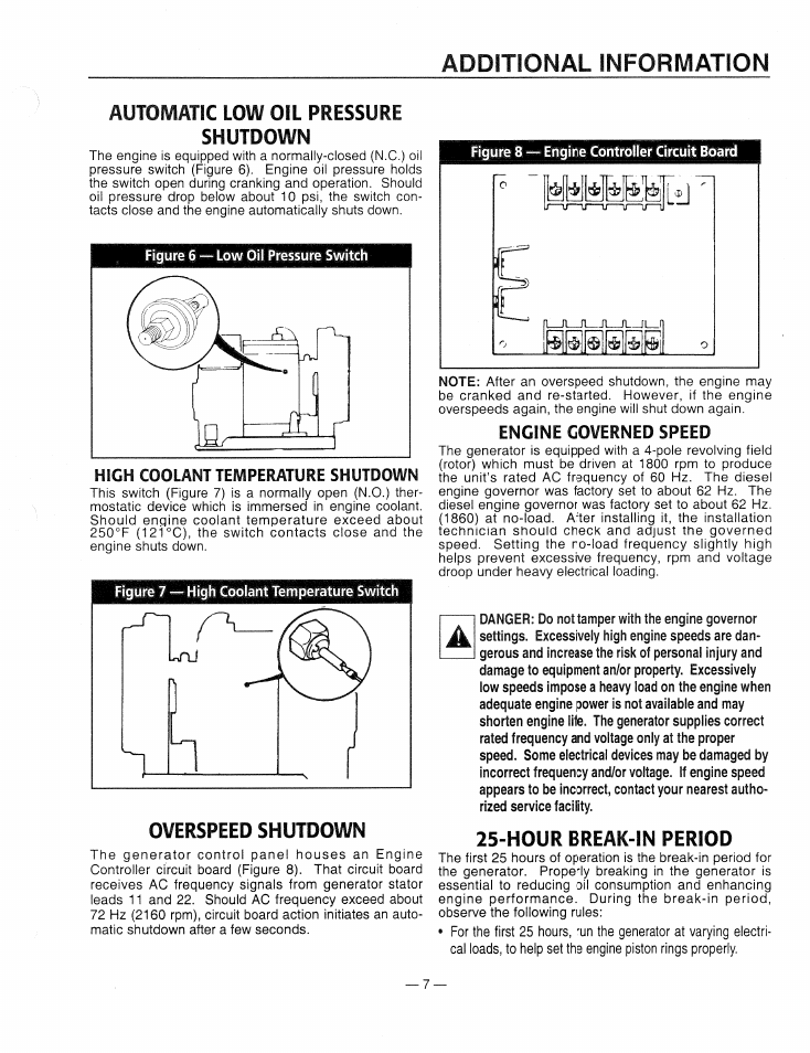 Additional information, Automatic low oil pressure shutdown, Overspeed shutdown | Hour break-in period | Generac Power Systems 9344-2 User Manual | Page 9 / 40
