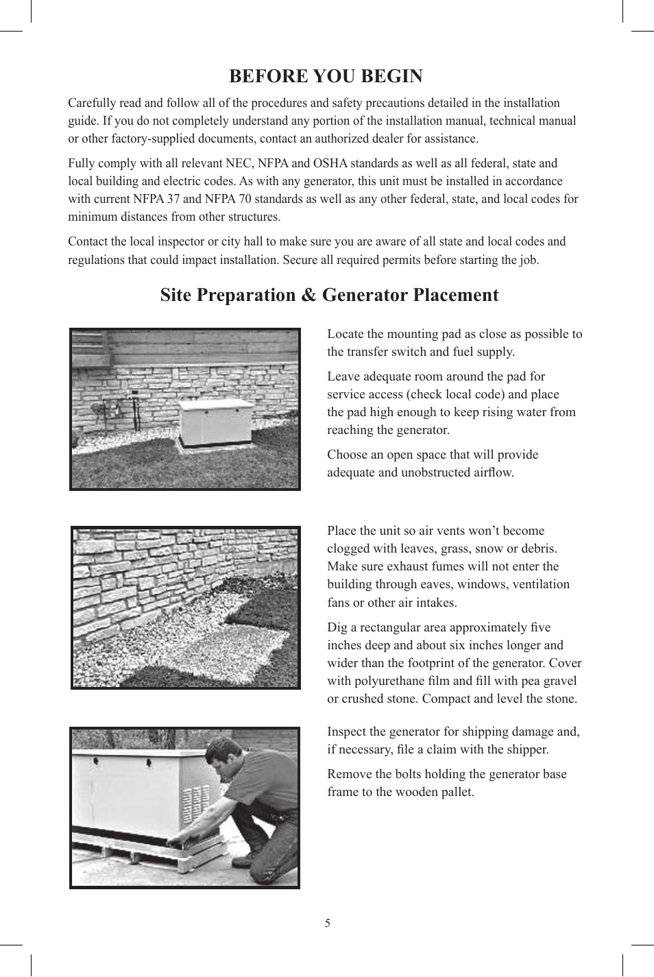 Before you begin, Site preparation & generator placement | Generac Power Systems OG 2697 User Manual | Page 6 / 20