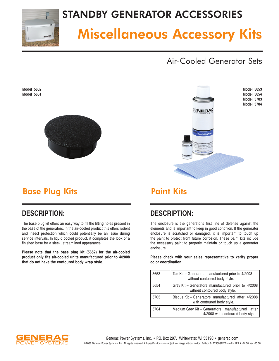 Miscellaneous accessory kits, Standby generator accessories, Description | Generac Power Systems Air-Cooled Generator Sets 5666 User Manual | Page 2 / 2