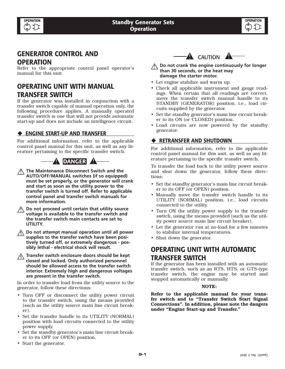 Generator control and operation, Operating unit with manual transfer switch, Operating unit with automatic transfer switch | Generac Power Systems 005261-1 User Manual | Page 15 / 64