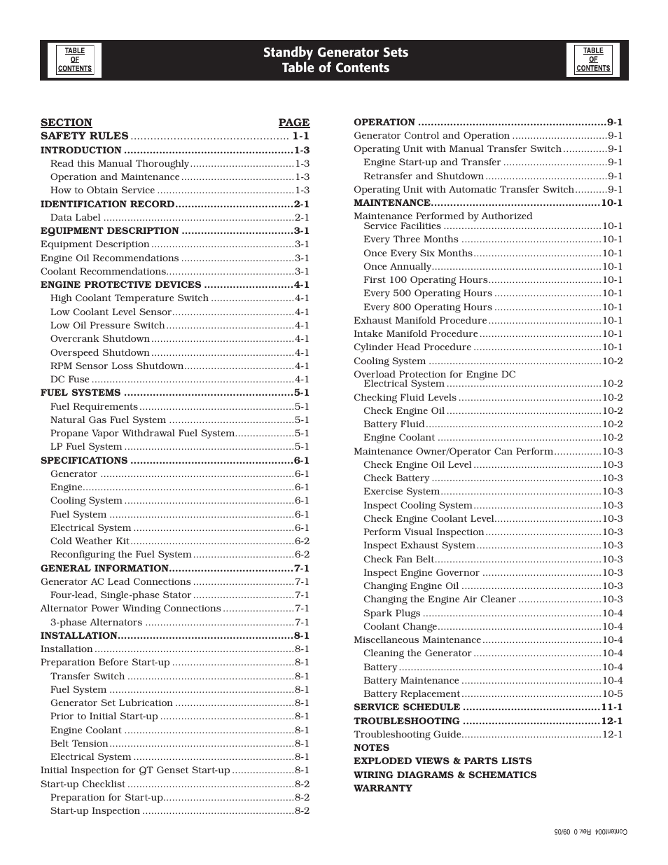 Standby generator sets table of contents | Generac Power Systems 005261-1 User Manual | Page 2 / 64