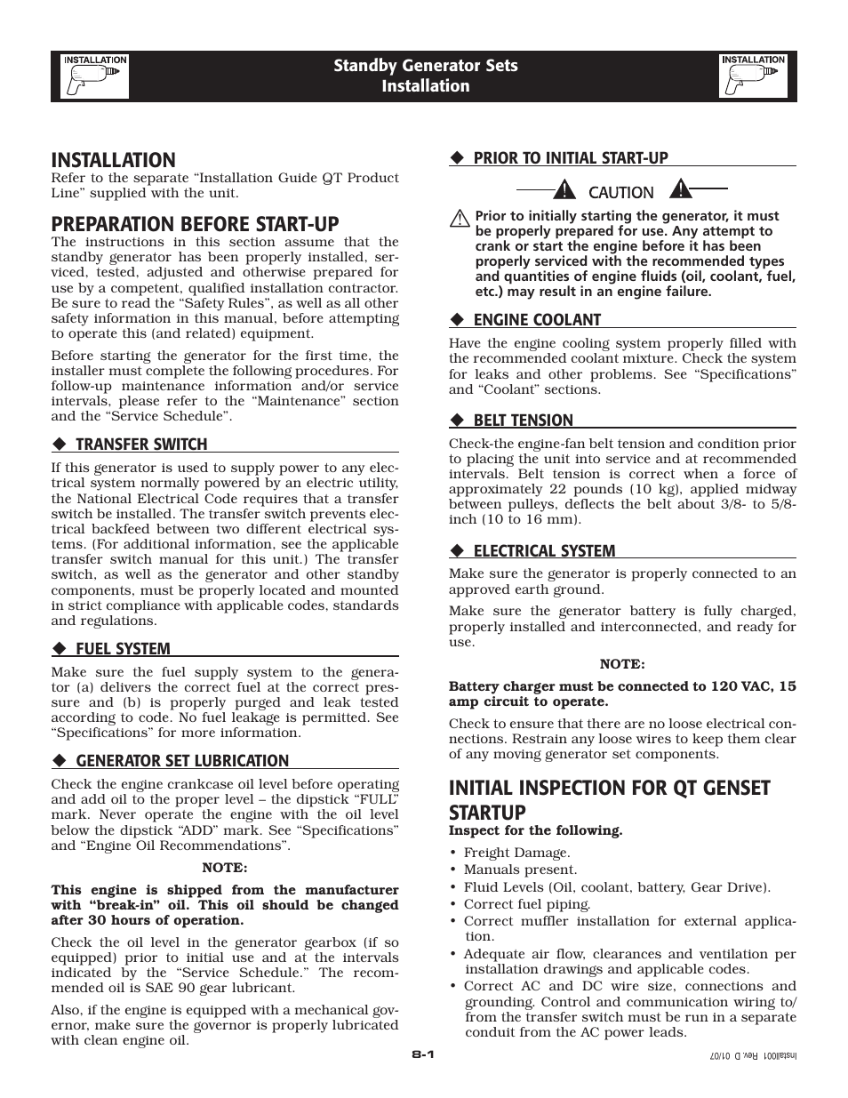 Installation, Preparation before start-up, Initial inspection for qt genset startup | Generac Power Systems 005324-1 User Manual | Page 13 / 64