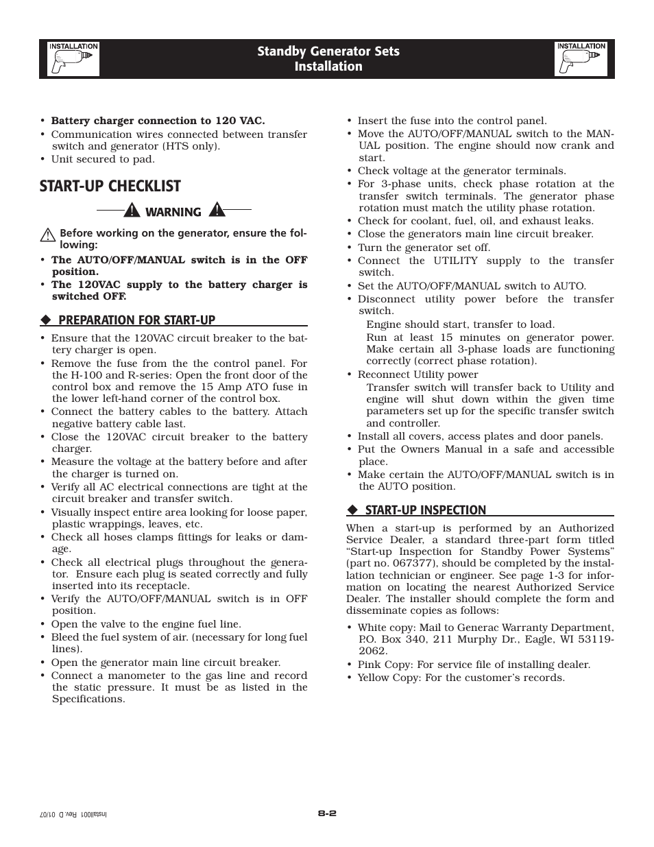 Start-up checklist | Generac Power Systems 005324-1 User Manual | Page 14 / 64