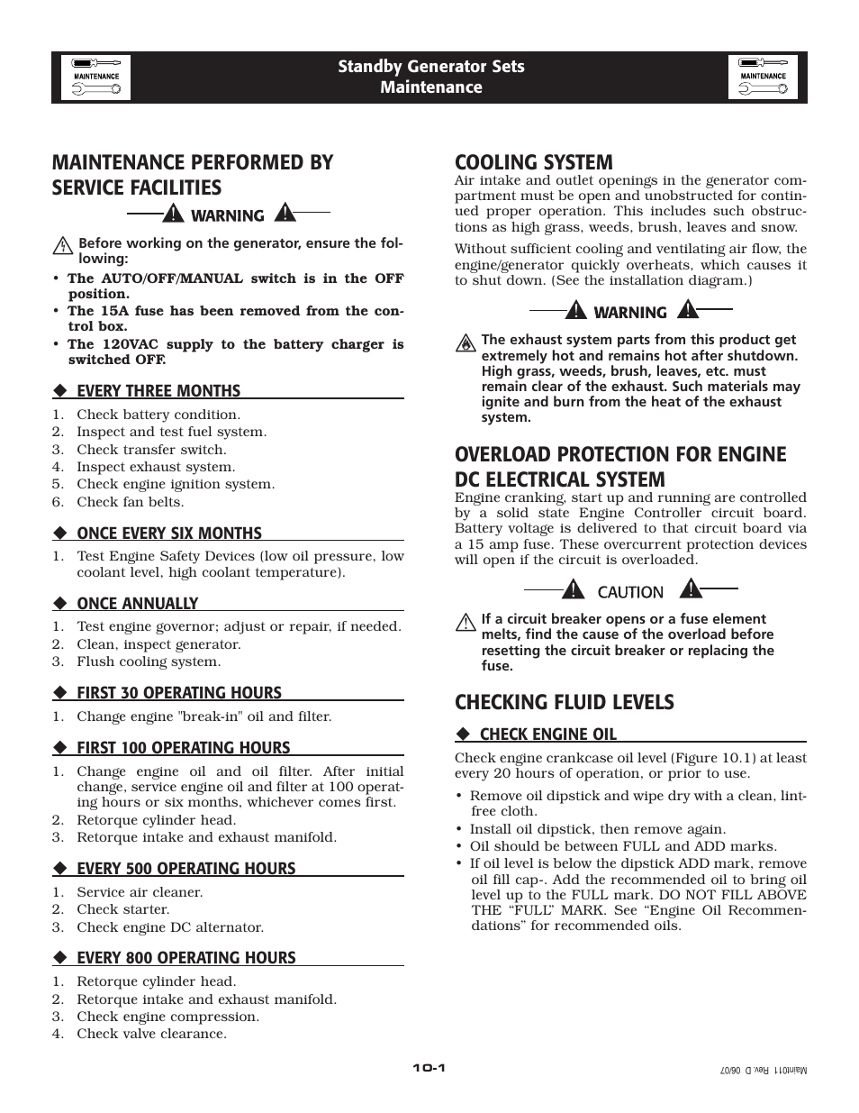 Maintenance performed by service facilities, Cooling system, Checking fluid levels | Generac Power Systems 005324-1 User Manual | Page 16 / 64
