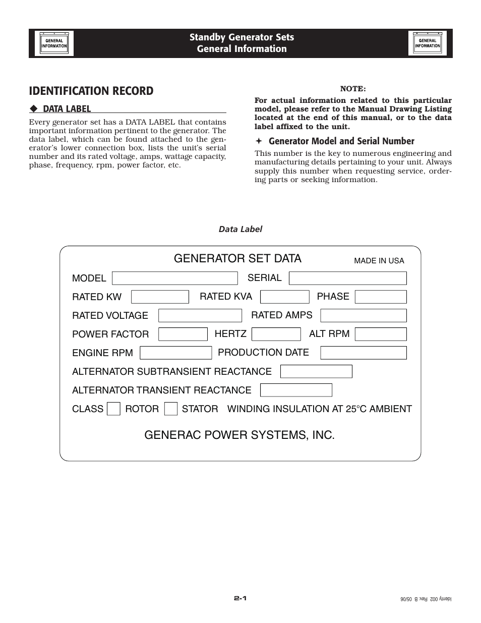 Identification record, Generac power systems, inc, Generator set data | Generac Power Systems 005324-1 User Manual | Page 6 / 64