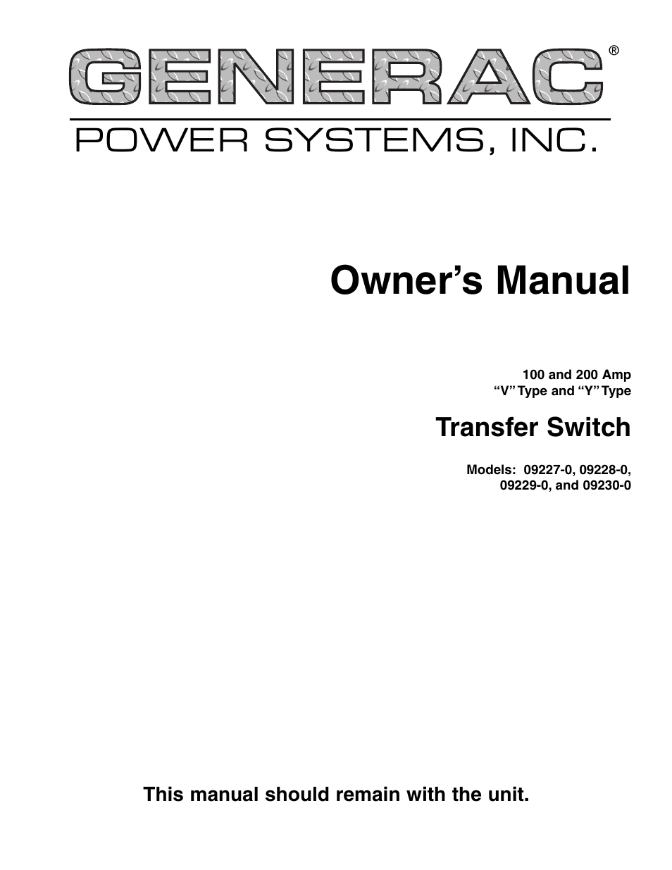 Generac Power Systems 09227-0 User Manual | 20 pages