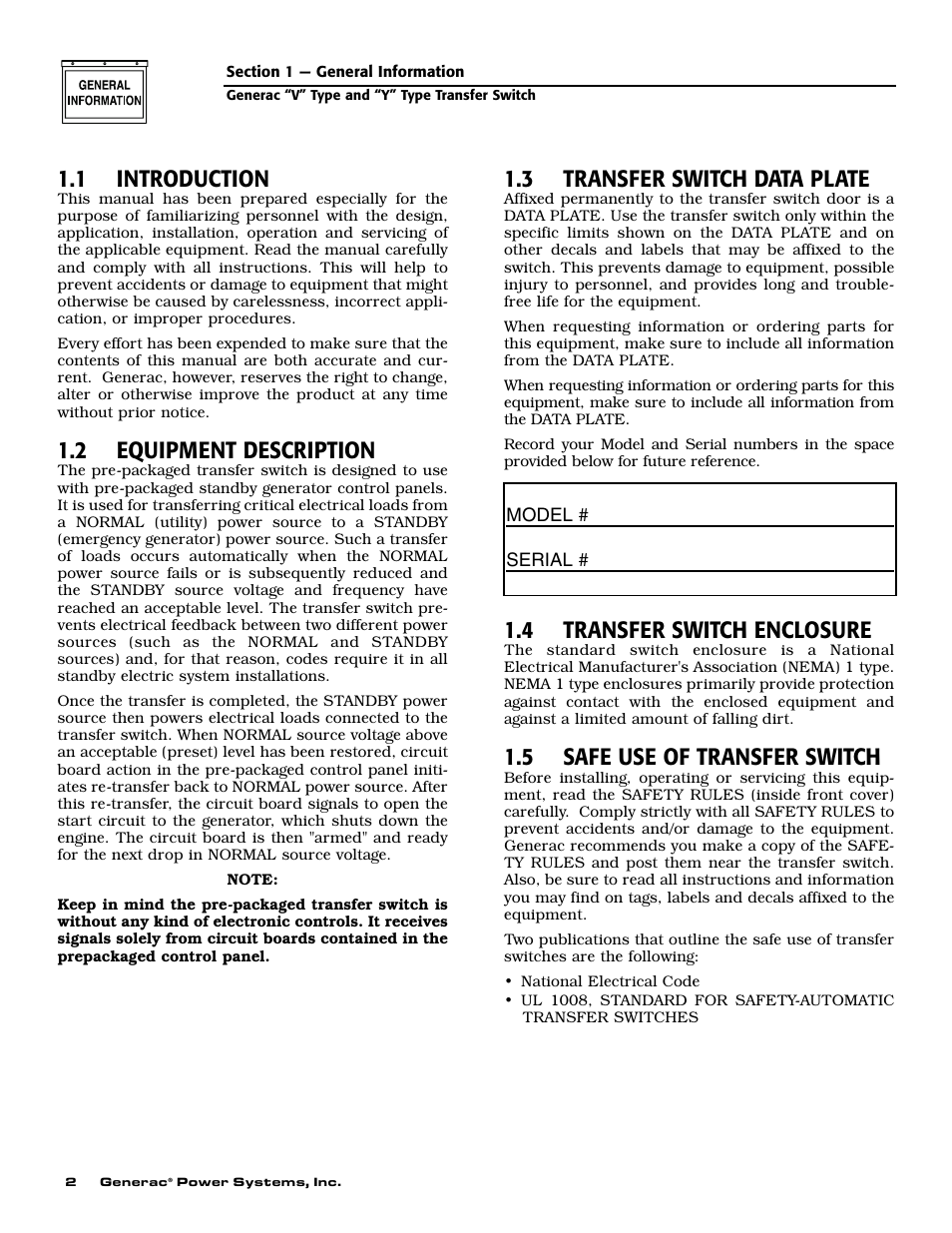 1 introduction, 2 equipment description, 3 transfer switch data plate | 4 transfer switch enclosure, 5 safe use of transfer switch | Generac Power Systems 09227-0 User Manual | Page 4 / 20