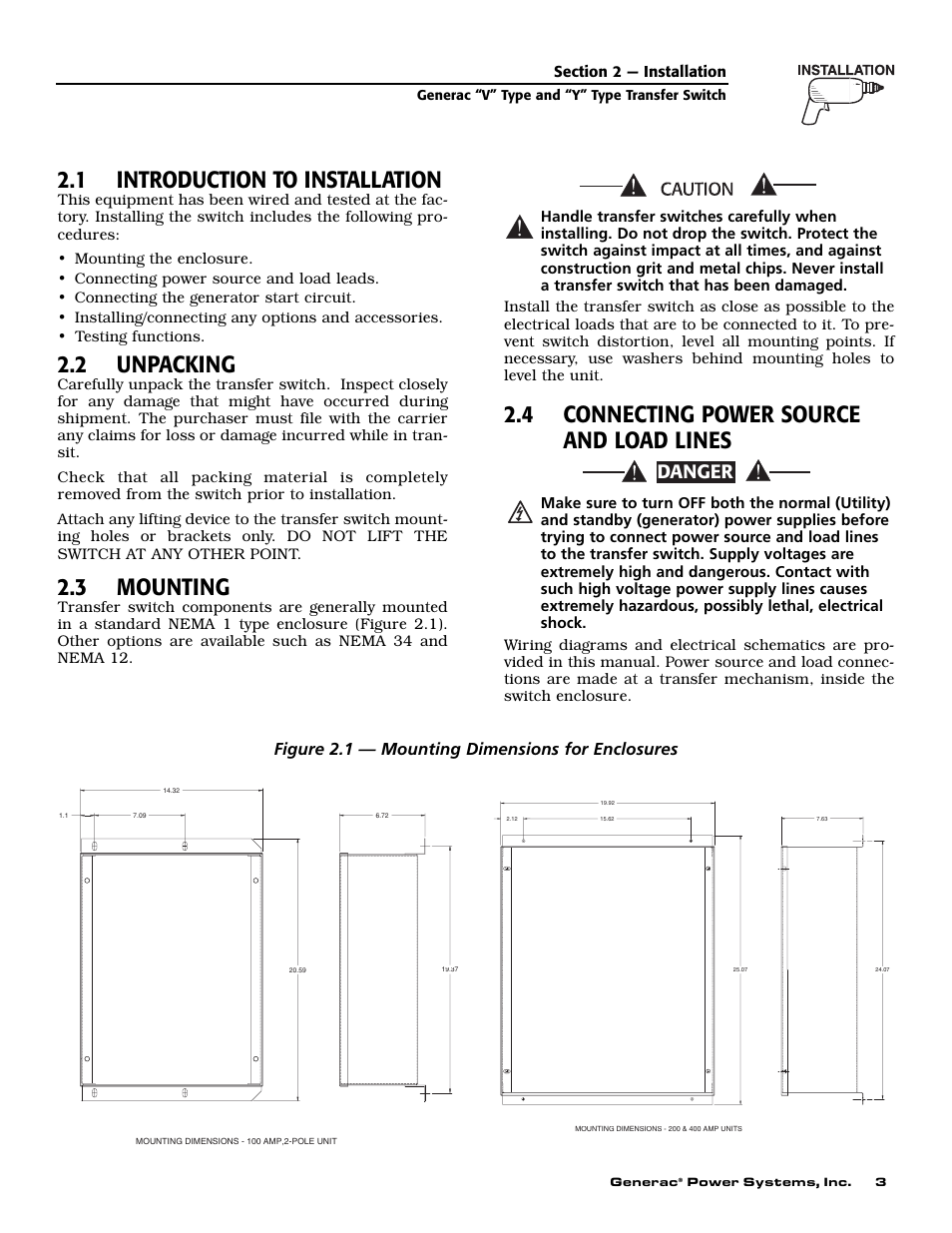1 introduction to installation, 2 unpacking, 3 mounting | 4 connecting power source and load lines, Danger, Figure 2.1 — mounting dimensions for enclosures | Generac Power Systems 09227-0 User Manual | Page 5 / 20