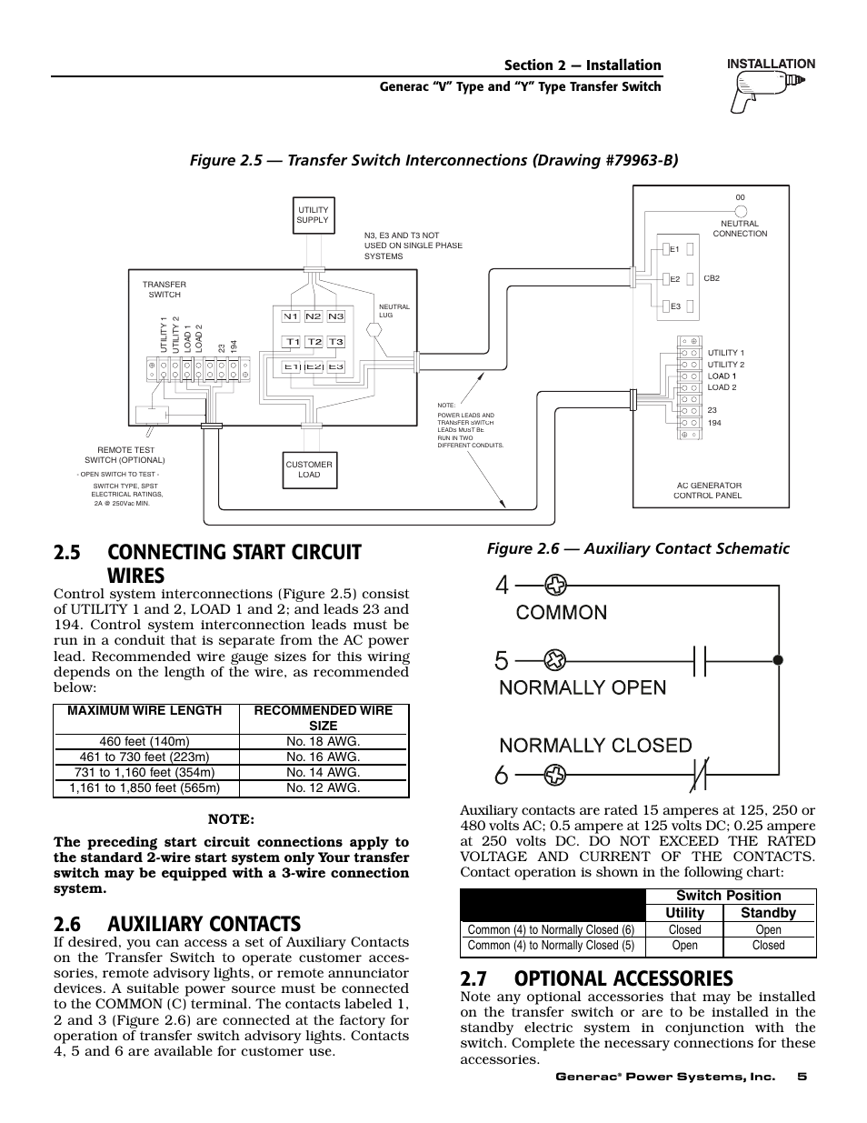 5 connecting start circuit wires, 6 auxiliary contacts, 7 optional accessories | Figure 2.6 — auxiliary contact schematic, Switch position utility standby | Generac Power Systems 09227-0 User Manual | Page 7 / 20