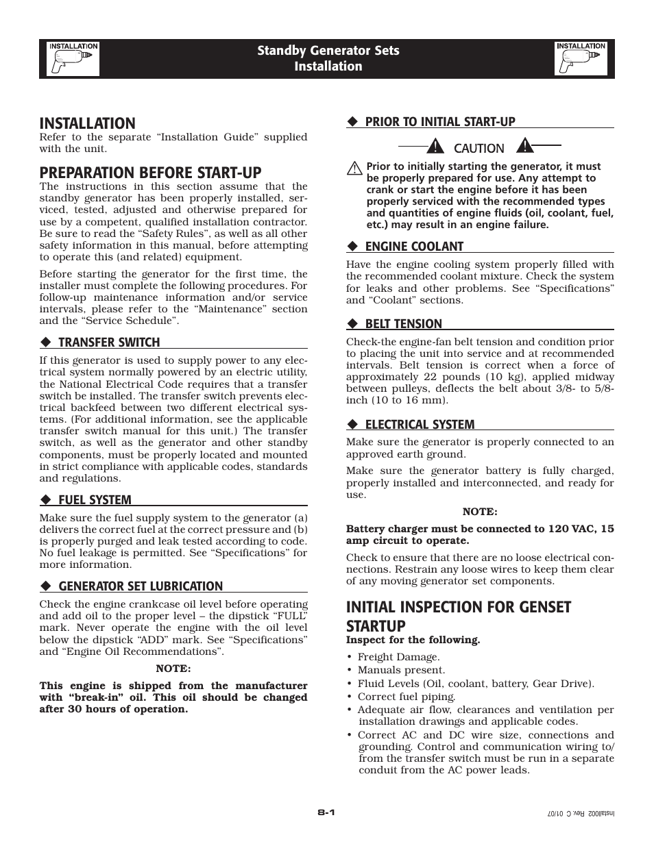 Installation, Preparation before start-up, Initial inspection for genset startup | Generac Power Systems 30 User Manual | Page 13 / 64