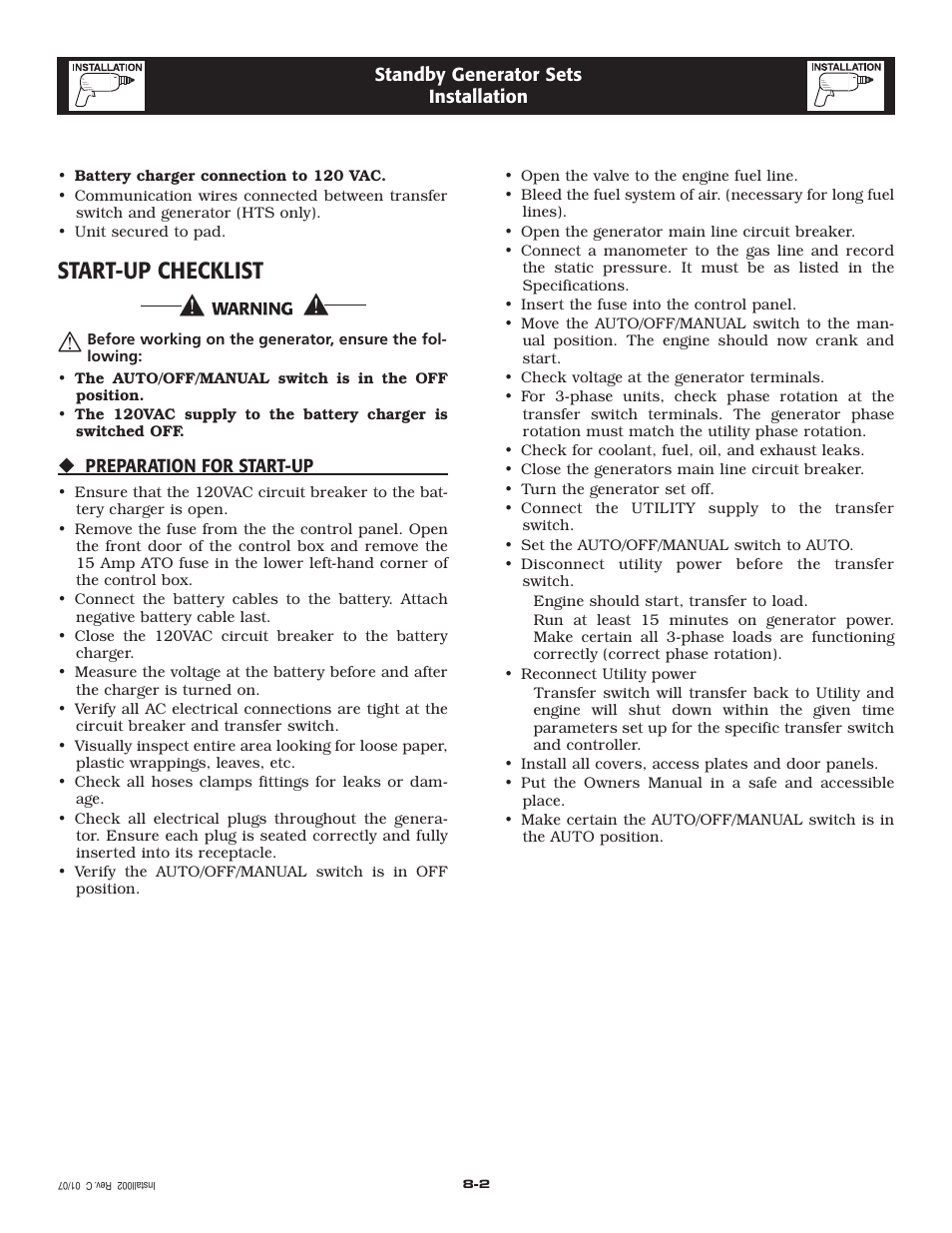Start-up checklist | Generac Power Systems 30 User Manual | Page 14 / 64