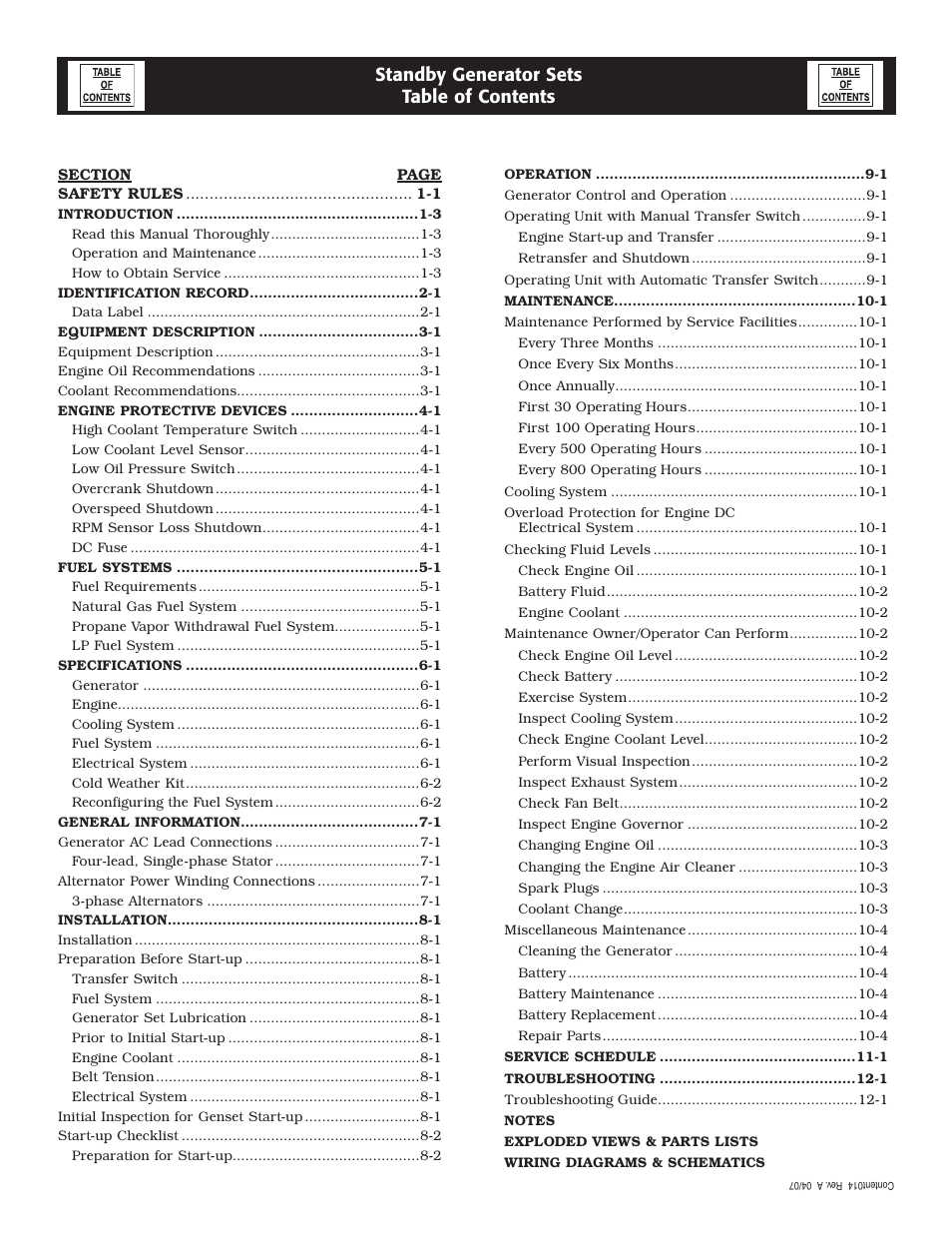 Standby generator sets table of contents | Generac Power Systems 30 User Manual | Page 2 / 64