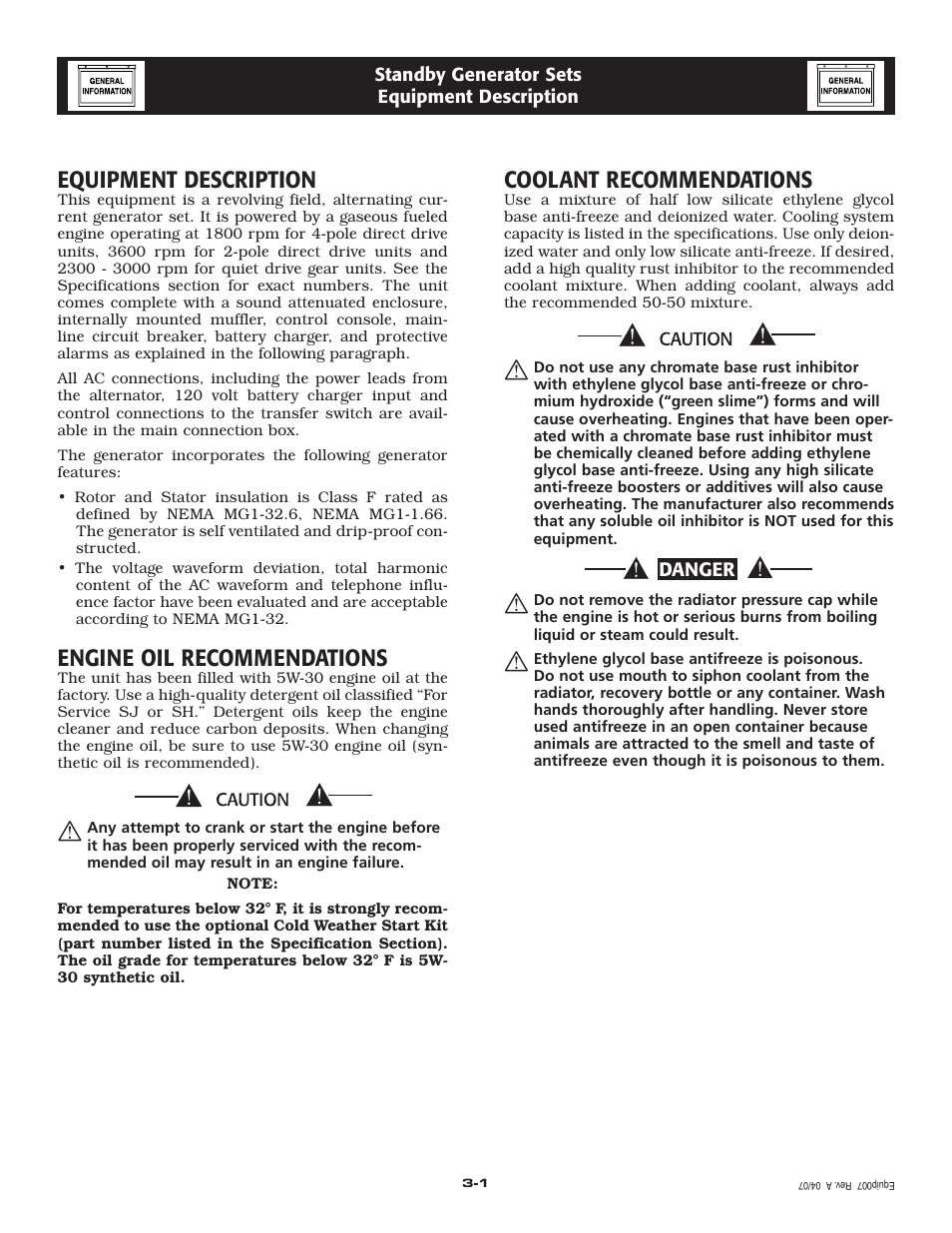 Equipment description, Engine oil recommendations, Coolant recommendations | Generac Power Systems 30 User Manual | Page 7 / 64