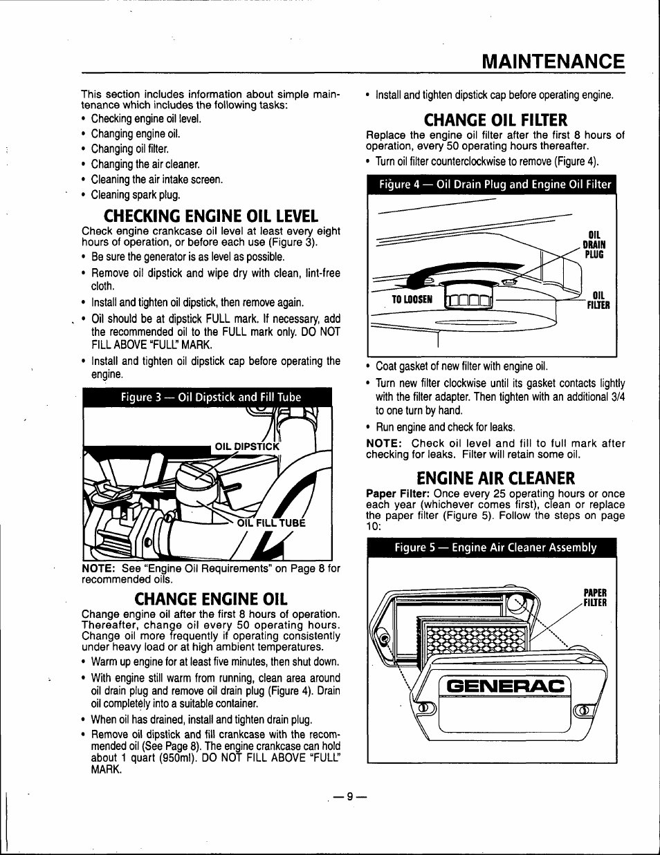 Checking engine oil level, Change oil filter, Engine air cleaner | Engine air cleaner -10, Maintenance, Change engine oil | Generac Power Systems 00802-3 User Manual | Page 11 / 48