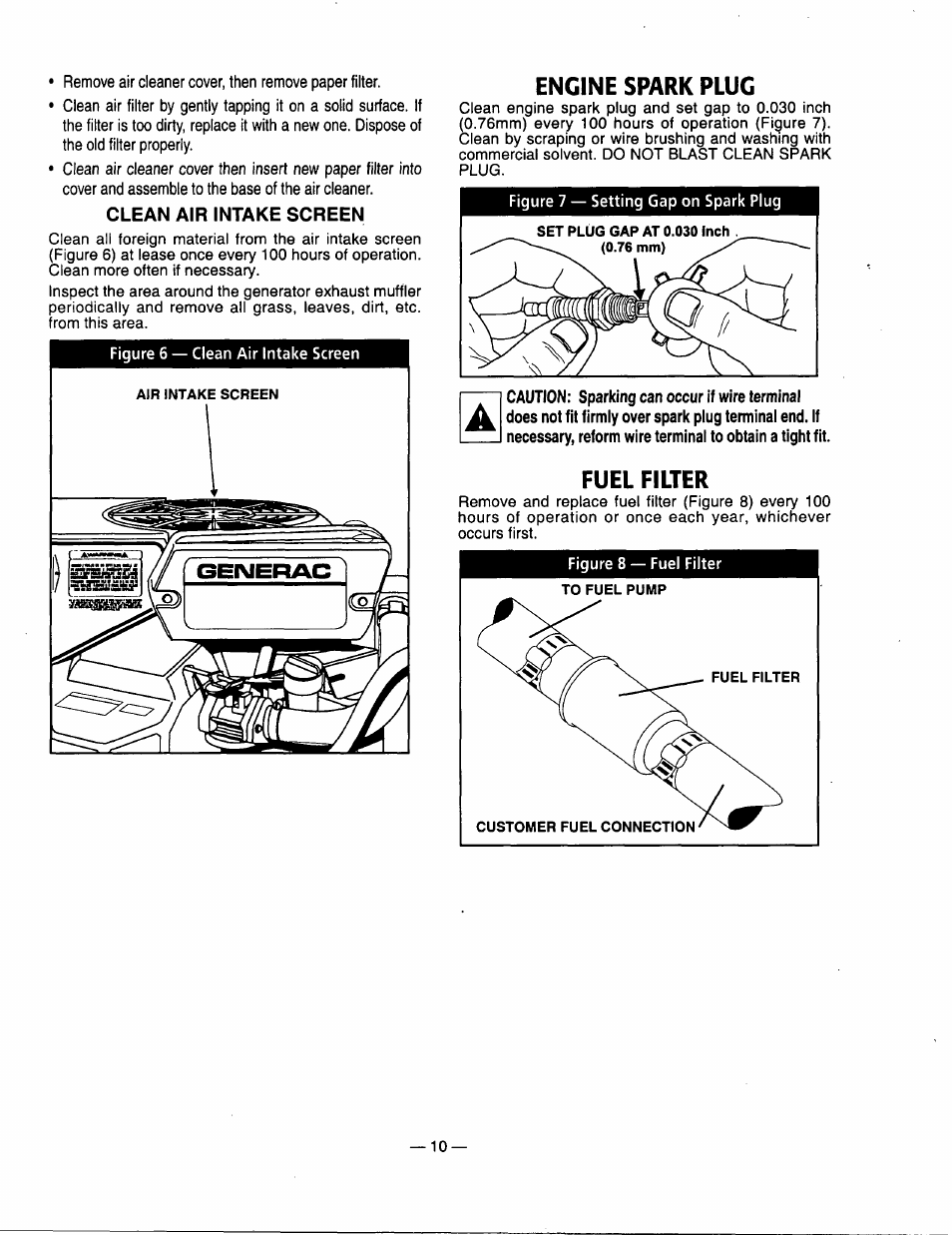 Clean air intake screen, Engine spark plug, Fuel filter | Generac Power Systems 00802-3 User Manual | Page 12 / 48