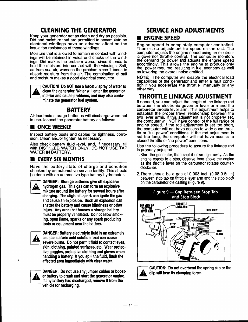 Cleaning the generator, Bahery, Service and adjustments | Throhle linkage adjustment, Cleaning the generator battery | Generac Power Systems 00802-3 User Manual | Page 13 / 48