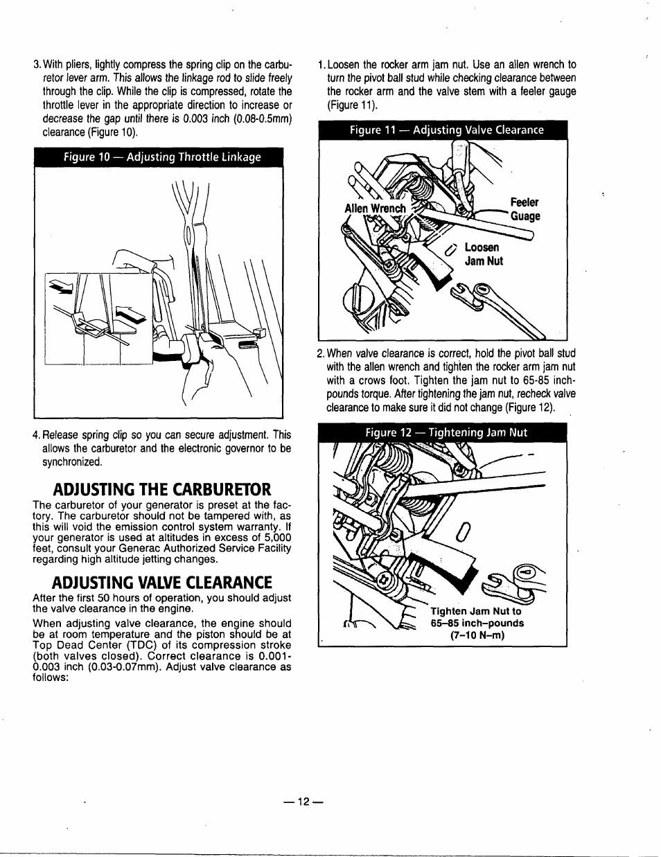 Adjusting the carburetor, Adjusting valve clearance, Adjusting the carburetor adjusting valve clearance | Generac Power Systems 00802-3 User Manual | Page 14 / 48