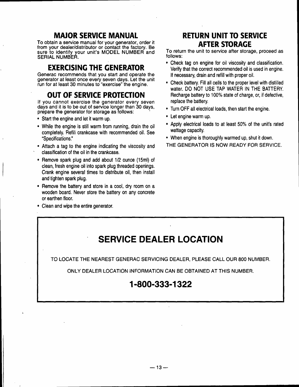 Major service manual, Exercising the generator, Out of service proteqion | Return unit to service after storage, Service dealer location | Generac Power Systems 00802-3 User Manual | Page 15 / 48