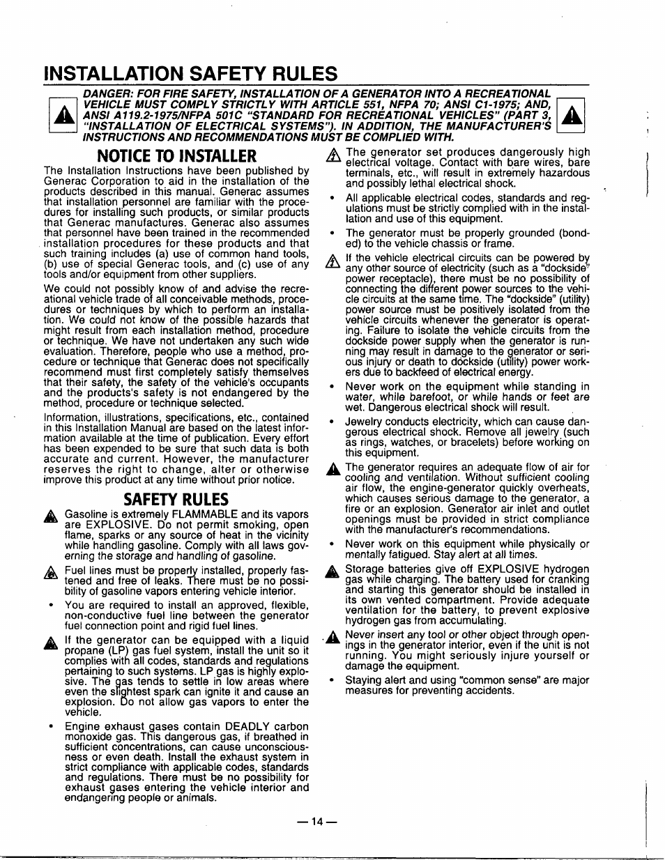 Installation safety rules, Notice to installer, Safety rules | Generac Power Systems 00802-3 User Manual | Page 16 / 48
