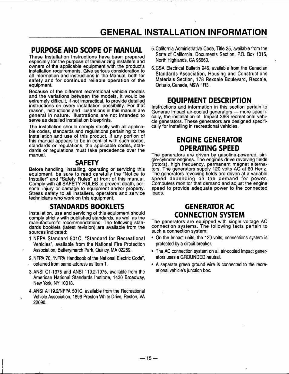 General installation information, Purpose and scope of manual, Safety | Standards booklets, Equipment description, Engine generator operating speed, Generator ac connection system | Generac Power Systems 00802-3 User Manual | Page 17 / 48