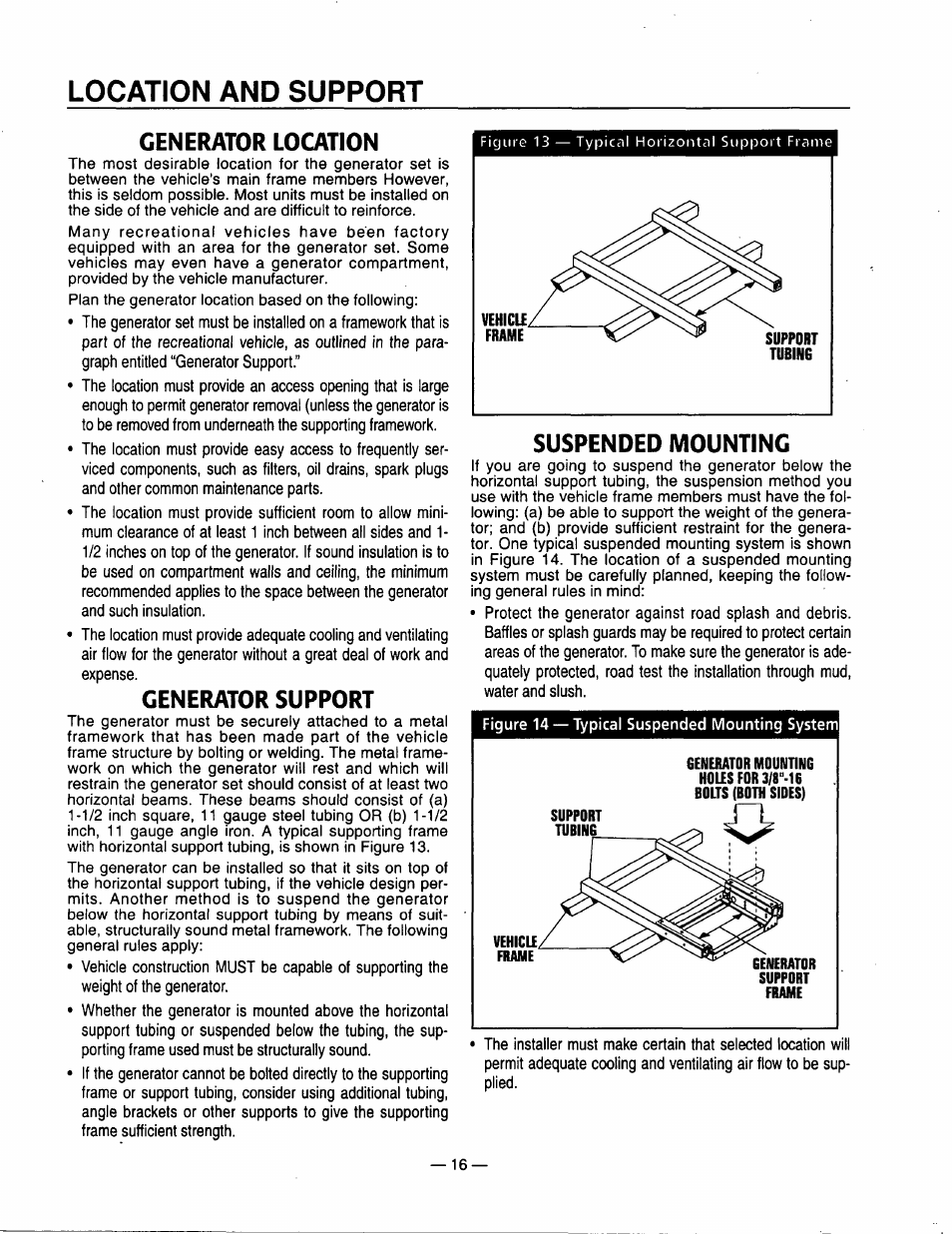 Location and support, Generator location, Generator support | Generator location generator support, Suspended mounting | Generac Power Systems 00802-3 User Manual | Page 18 / 48