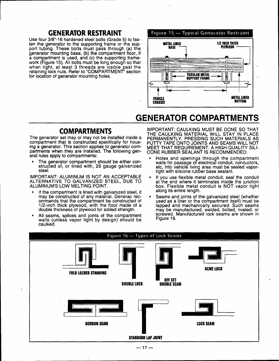 Generator restraint, Generator compartments, Compartments | Generac Power Systems 00802-3 User Manual | Page 19 / 48