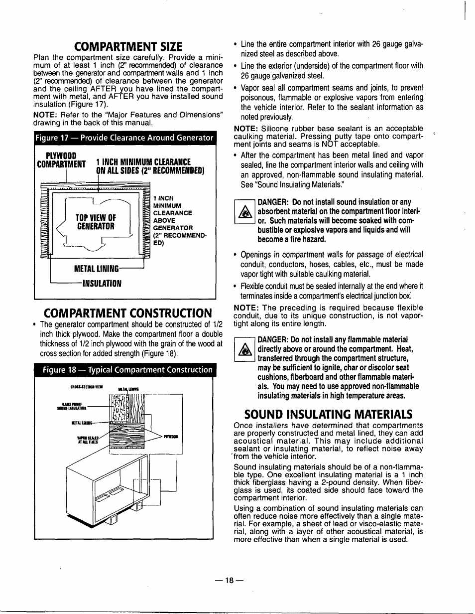 Compartment size, Top view of generator, Compartment construction | Sound insulating materials, Metal uning, Insulation | Generac Power Systems 00802-3 User Manual | Page 20 / 48