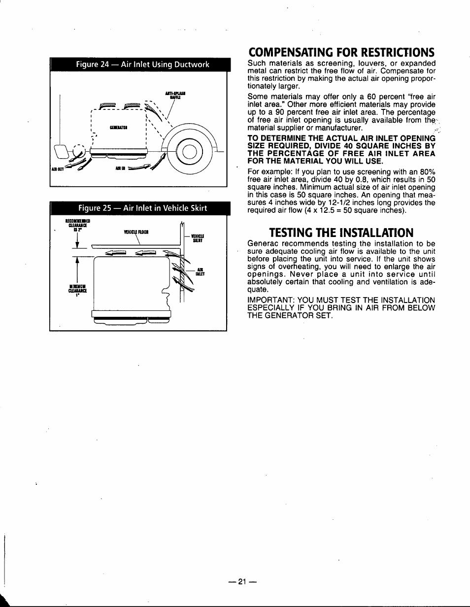 Compensating for restrictions, Testing the installation | Generac Power Systems 00802-3 User Manual | Page 23 / 48
