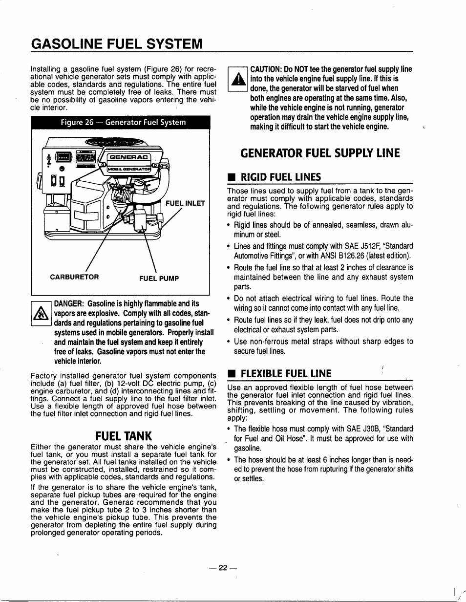 Gasoline fuel system, Fuel tank, Generator fuel supply line | Generac Power Systems 00802-3 User Manual | Page 24 / 48