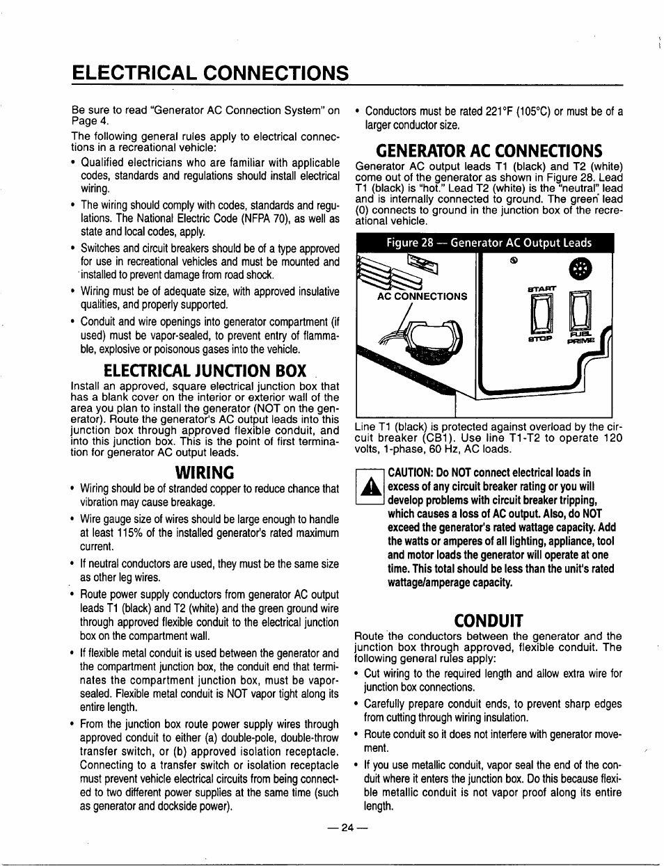 Electrical connections, Eleamcal junction box, Wiring | Generator ac connections, Conduit, Electrical junction box, Wiring generator ac connections conduit, Eleamcal, Junction box | Generac Power Systems 00802-3 User Manual | Page 26 / 48