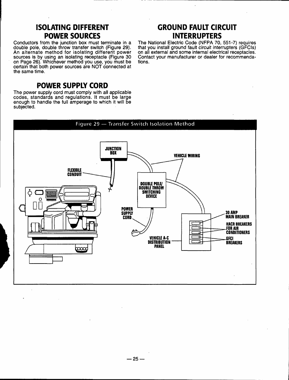 Isolating different power sources, Ground fault circuit interrupters, Power supply cord | Generac Power Systems 00802-3 User Manual | Page 27 / 48