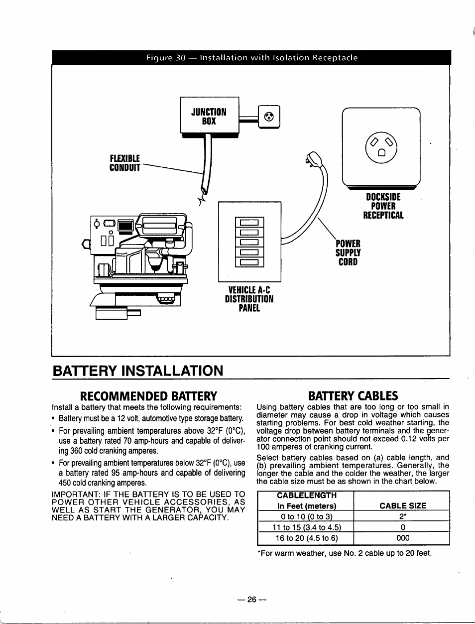 Battery installation, Recommended bahery, Bahery cables | Battery installation -27 | Generac Power Systems 00802-3 User Manual | Page 28 / 48