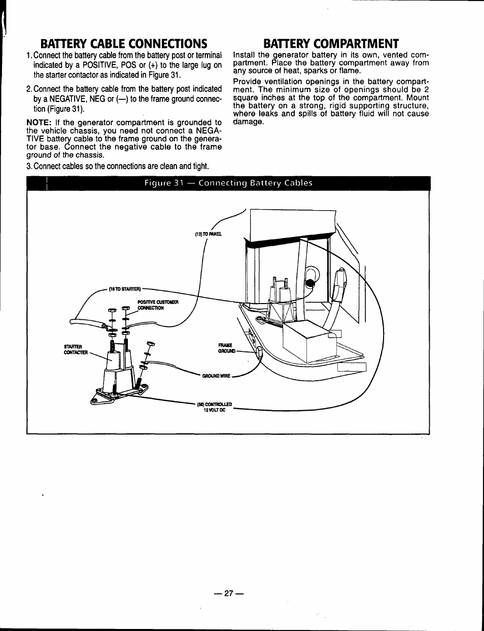 Bahery cable conneaions, Bahery compartment | Generac Power Systems 00802-3 User Manual | Page 29 / 48
