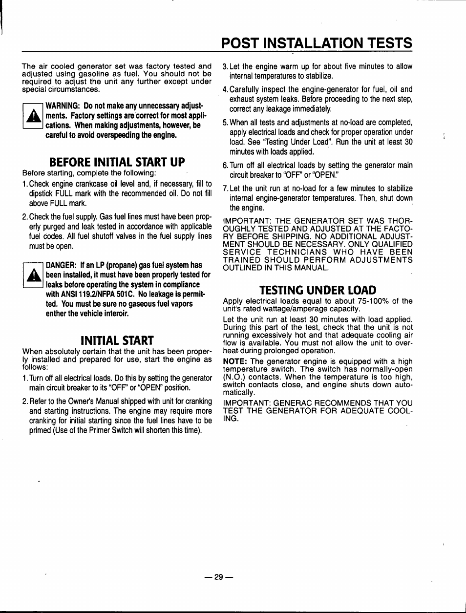 Post installation tests, Before initial start up, Initial start | Testing under load | Generac Power Systems 00802-3 User Manual | Page 31 / 48