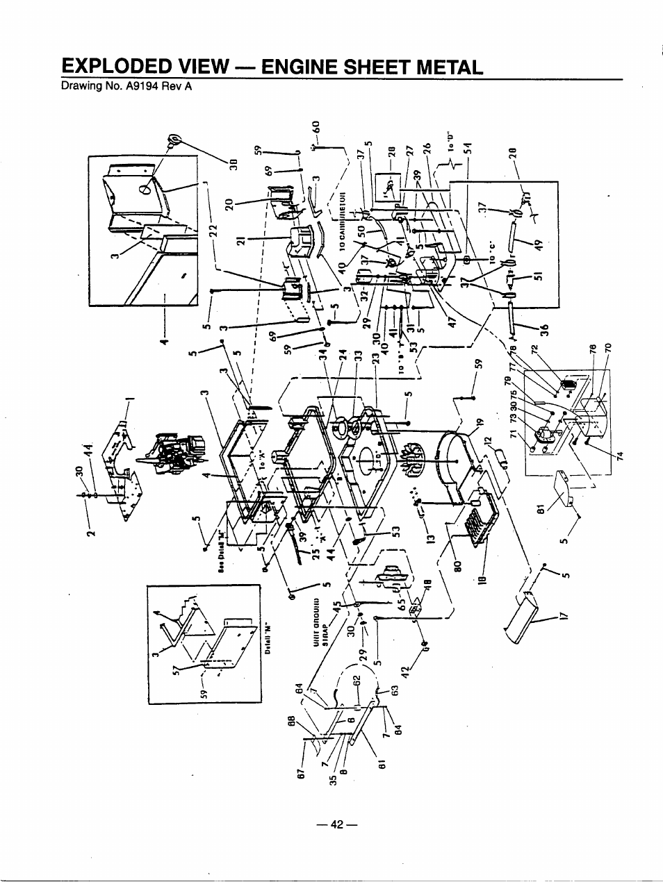 Exploded view — engine sheet metal | Generac Power Systems 00802-3 User Manual | Page 44 / 48