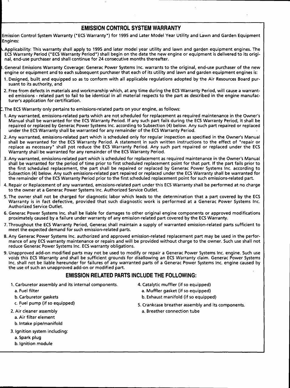 Emission control system warranty, Emission related parts include the following | Generac Power Systems 00802-3 User Manual | Page 47 / 48