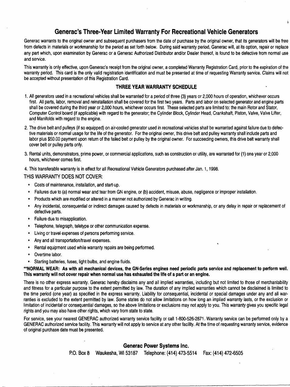 Three year warranty schedule, Generac power systems inc | Generac Power Systems 00802-3 User Manual | Page 48 / 48